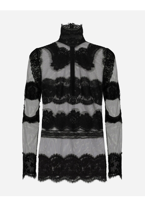Dolce & Gabbana Tulle Turtle-neck Top With Lace Inserts - Woman Shirts And Tops Black Tulle 40