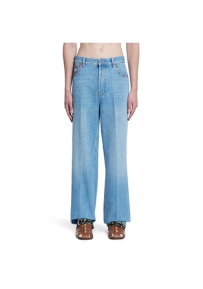 Denim Trousers with Floral Print Hem