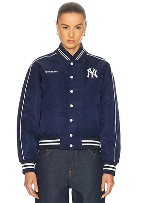 Sporty & Rich Yankees Curve Nylon Varsity Jacket in Dark Navy & White - Navy. Size XS (also in M).