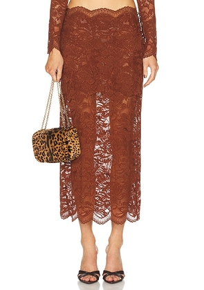 RABANNE Lace Midi Skirt in Cinnamon Brown - Brown. Size 42 (also in 36, 40).
