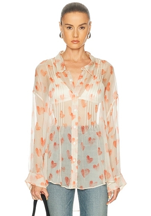 R13 Pintuck Drop Neck Shirt in Red Hearts On Cream - Cream,Orange. Size XS (also in L, M, S).