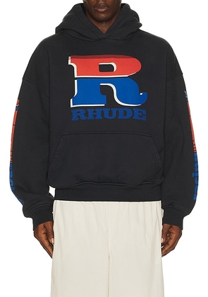 Rhude Split Petrol Logo Hoodie in Vintage Black  Red  & Blue - Black. Size S (also in L, M, XL/1X, XXL/2X).