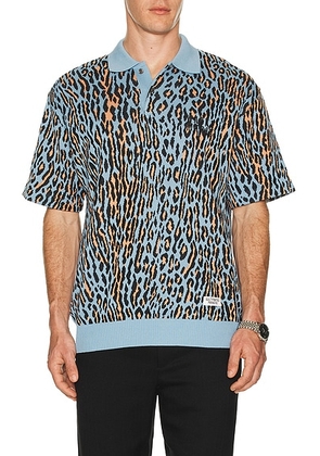 WACKO MARIA Leopard Knit Polo Shirt in L-purple - Blue. Size M (also in L, XL/1X).