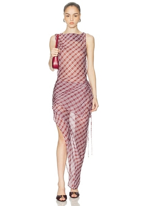 EAVES Phoebe Asymmetric Dress in Berry Plaid - Purple. Size XS (also in XXS, S, M, L, XL).