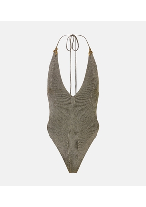 Roberto Cavalli Embellished halterneck lame bodysuit