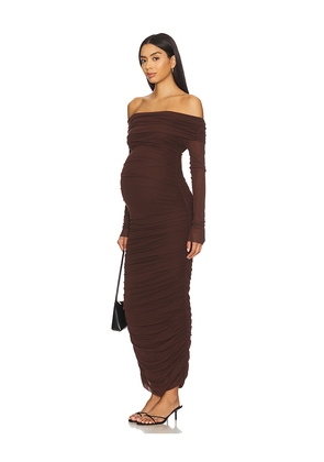 BUMPSUIT Off The Shoulder Mesh Dress in Chocolate. Size S. Also in XS, XL.