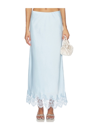 Bardot x REVOLVE Elisan Lace Satin Midi Skirt in Blue. Size 10. Also in 4, 2, 6, 8, 12.