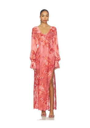 HEMANT AND NANDITA Kaftan Maxi Dress With Printed Slip in Coral. Size L. Also in M, XXS.