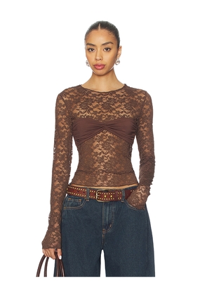 LIONESS Midnight Lace Long Sleeve Top in Chocolate. Size M. Also in S, XS, XXS.