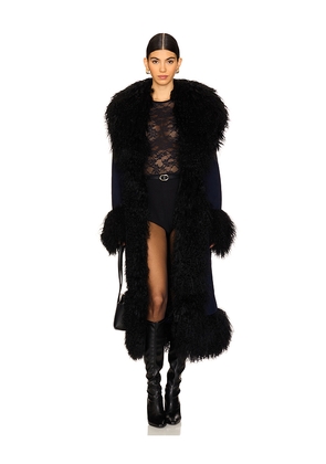 Susanna Chow Dorothy Suede Maxi Coat With Fur Trim in Navy. Size M. Also in S, L.