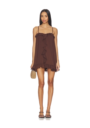 Runaway The Label Kristia Flounce Ruffle Mini Dress in Chocolate. Size L. Also in S, XS, M, XL.