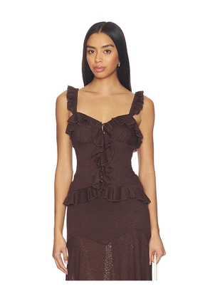 Runaway The Label Roxelle Ruffle Split Front Top in Chocolate. Size L. Also in S, XS, M.