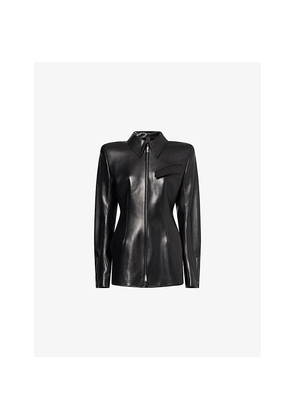 Womens Mugler Collared Cinched-Waist Leather Jacket