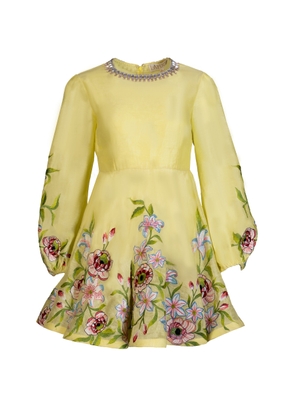 La Fuori Citrine Eaten By Flower Embroidered Linen-Silk Dress - Moda Operandi