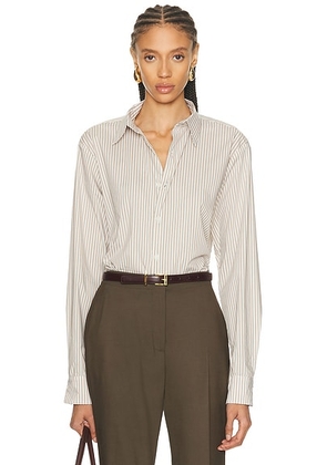 SPRWMN Mara Button Up Shirt in Tan Stripes - White. Size M (also in XS, S, L).