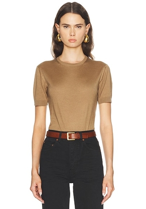 Saint Laurent Short Sleeve Pullover Sweater in Camel Clair - Tan. Size XS (also in L, M, S).