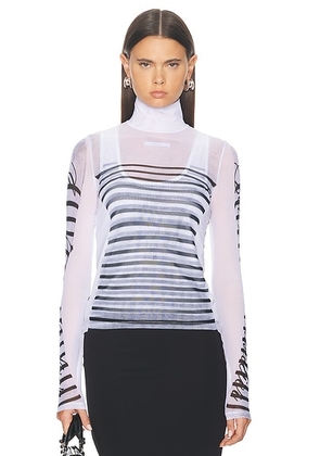 Jean Paul Gaultier Feathers Mariniere Printed Mesh Long Sleeve Top in White  Navy  & Black - White. Size M (also in ).