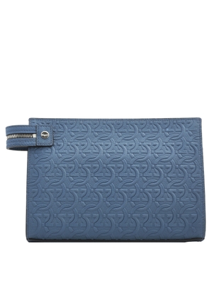 Ferragamo Blue Gancini Embossed Travel Clutch