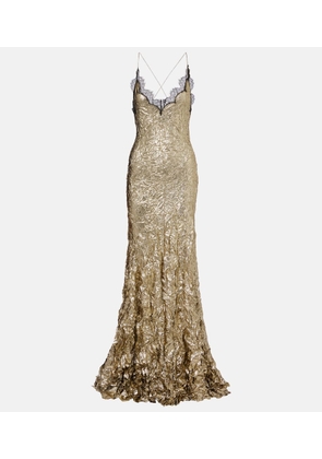 Roberto Cavalli Lace-trimmed silk-blend gown