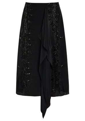 LA Double J Scarf Bead Embellished Satin Midi Skirt - Black - M (UK12 / M)