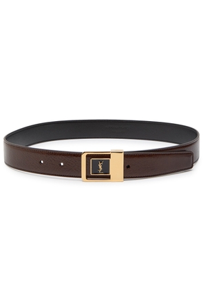 Saint Laurent Logo-engraved Grained Leather Belt - Chocolate - 90 (UK 14 / XL)