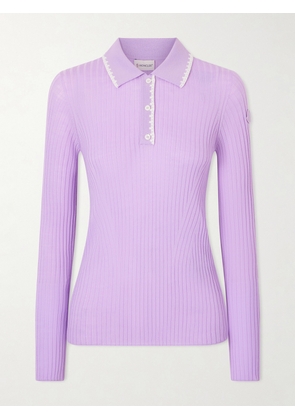 Moncler - Appliquéd Embroidered Ribbed Wool Polo Shirt - Purple - xx small,x small,small,medium,large,x large