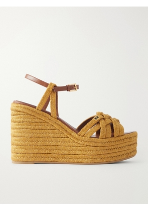 Valentino Garavani - 120 Leather-trimmed Logo-embellished Raffia Espadrille Wedge Sandals - Brown - IT35,IT36,IT37,IT38,IT39,IT40,IT41,IT42