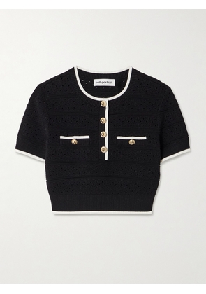 Self-Portrait - Cropped Button-embellished Metallic Cotton-blend Pointelle-knit Top - Black - x small,small,medium,large