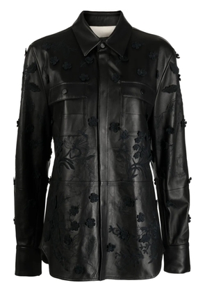 Elie Saab floral-embroidered leather shirt jacket - Black