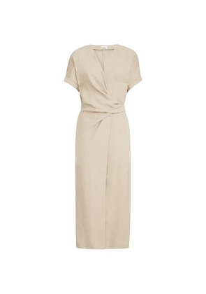 Brunello Cucinelli viscose and linen fluid twill wrap-effect dress with monili - Neutrals