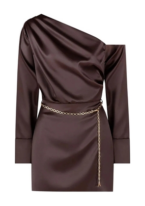 Manière De Voir one-shoulder draped chain-belt brown satin mini dress