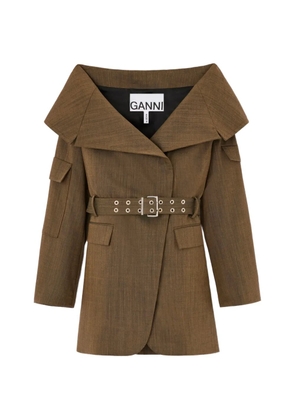 GANNI belted wide-collar jacket - Brown