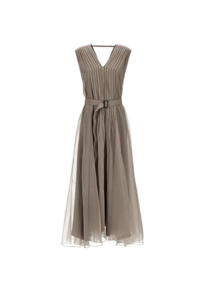 Brunello Cucinelli pleated V-neck silk maxi dress - Neutrals