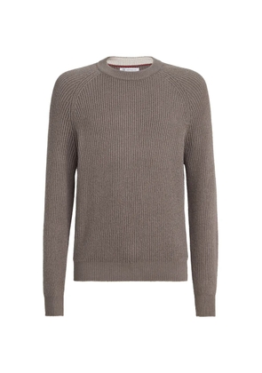Brunello Cucinelli malfilé cotton English rib sweater with raglan sleeves - Brown
