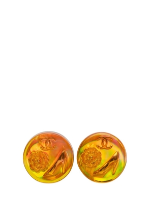 CHANEL Pre-Owned 1997 Gold Plated Resin CC Camellia Button Clip On Earrings costume earrings
