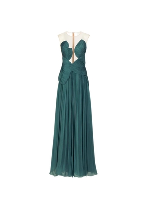 Costarellos Serenne illusion-neckline, pleated gown - Green