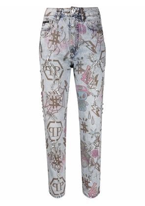 Philipp Plein tattoo-monogram boyfriend jeans - Blue