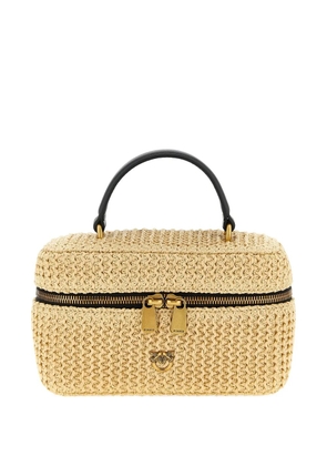 PINKO logo-plaque straw-effect shoulder bag - Neutrals