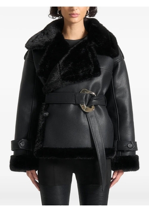 Manière De Voir Charlene faux-leather and plush wrap-belted black jacket