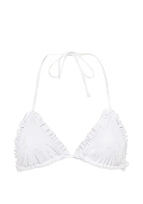 Chloé ruffled-trim floral-embroidered bikini top - White