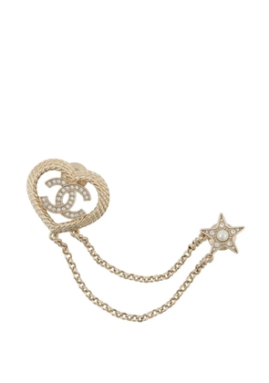 CHANEL Pre-Owned 2024 CC Gold Plated Rhinestone Faux Pearl Heart Star Double Brooch costume brooch