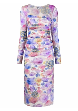 GANNI floral-print ruched dress - Blue