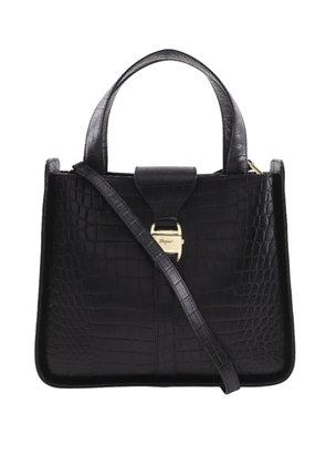 Ferragamo Pre-Owned 1990-2025 Croc Embossed Leather Vara Bow satchel - Black