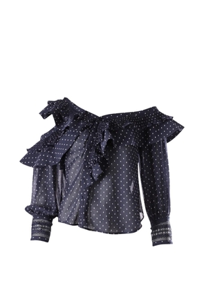 Self-Portrait plumetis frilled one-shoulder top - Blue