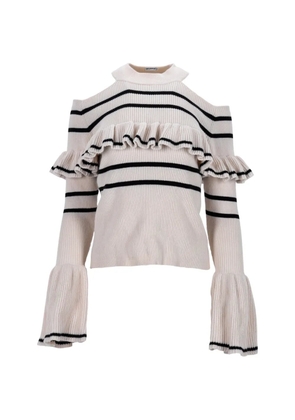 Self-Portrait ruffle-trimmed ribbed-knit top - Neutrals