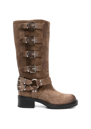 Gisel Moire buckle-strap square-toe boots - Brown