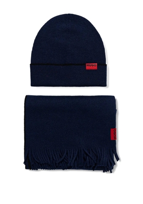 HUGO logo-detail fringed beanie set - Blue