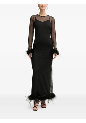 NEVER FULLY DRESSED feather-trim long-sleeve maxi dress - Black