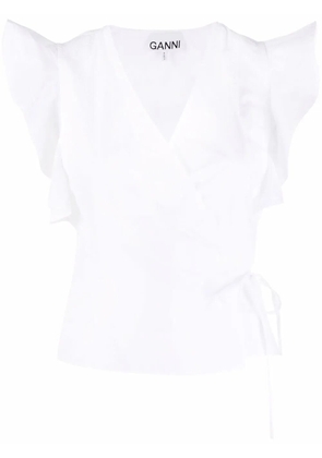 GANNI ruffled-sleeve wrap top - White