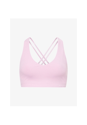 Womens Bo+Tee Embossed-Logo V-Neck Stretch-Woven Sports Bra